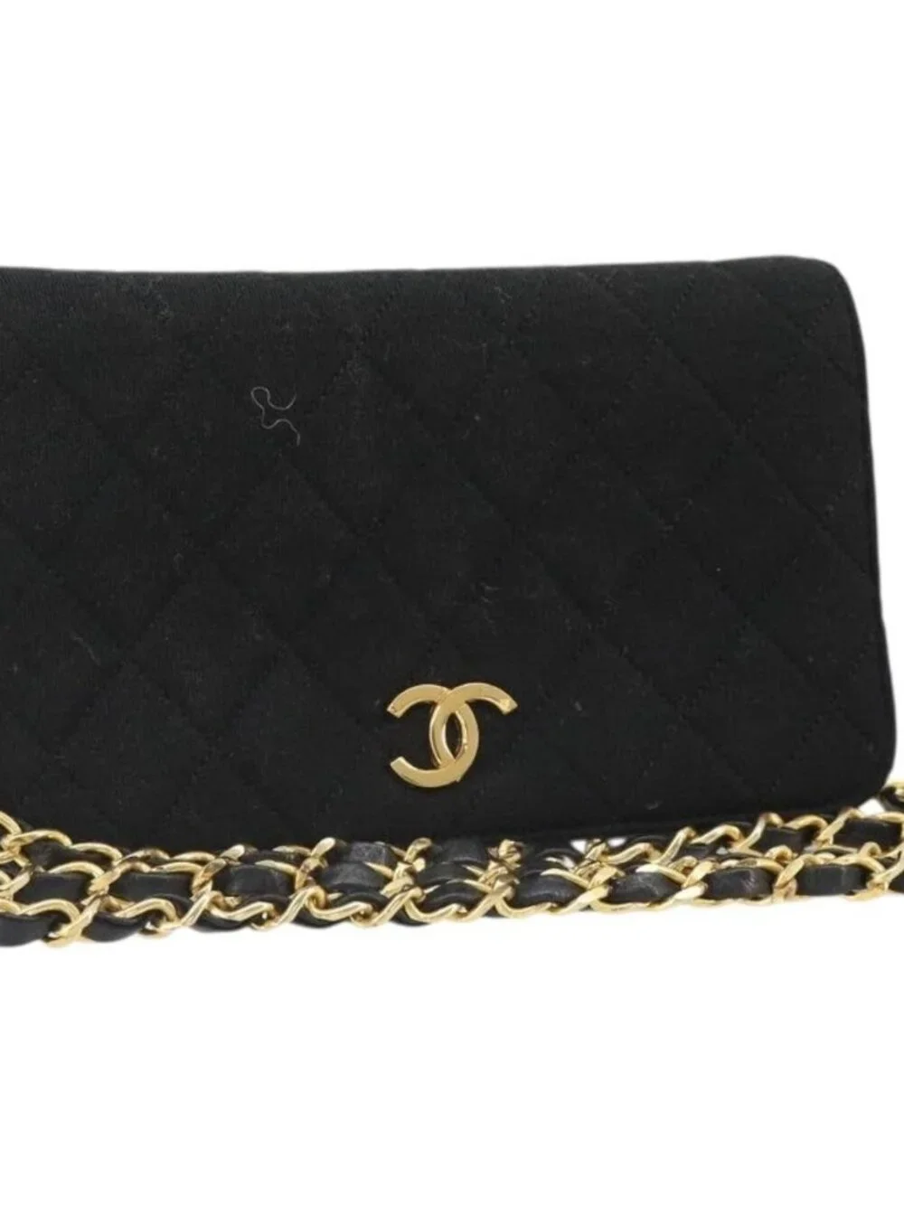 CHANEL Matelasse Chain Shoulder Bag Cotton Black Gold CC Auth 185197
